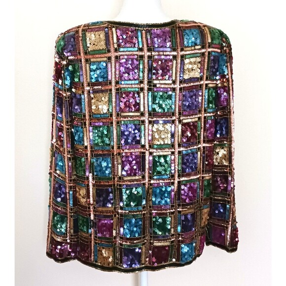VTG Laurence Kazar Silk Sequin Cocktail Jacket Multicolor Jeweltone Squares M/ L - Picture 3 of 10